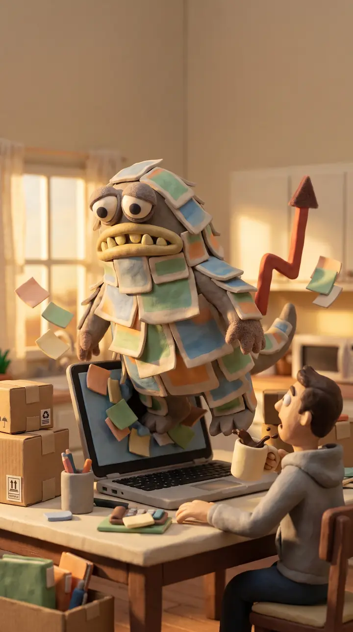 AI-generated still: sticky-note monster towering over a marketer at a desk, vertical format.
