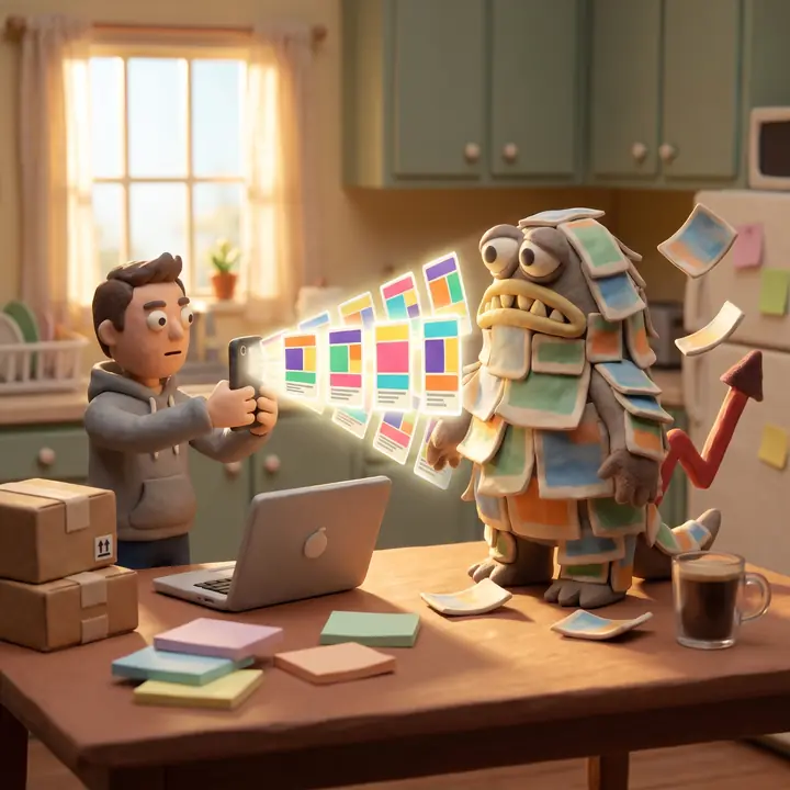 AI-generated still: marketer firing a burst of colorful ad variations at the sticky-note monster, square format.