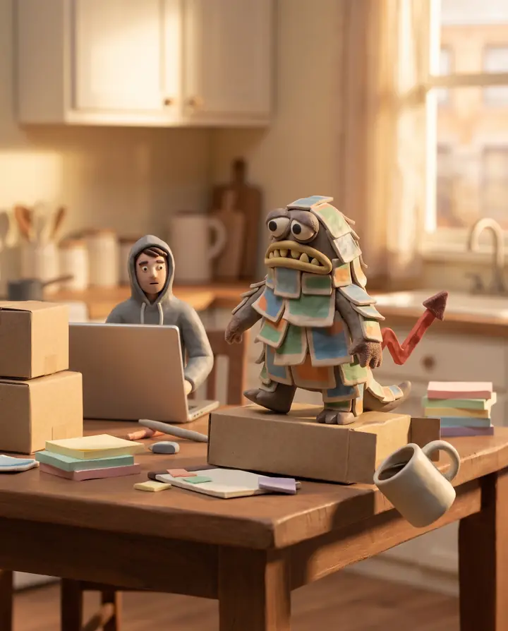 AI-generated still: marketer at a desk with a sleeping sticky-note monster, 4:5 format.