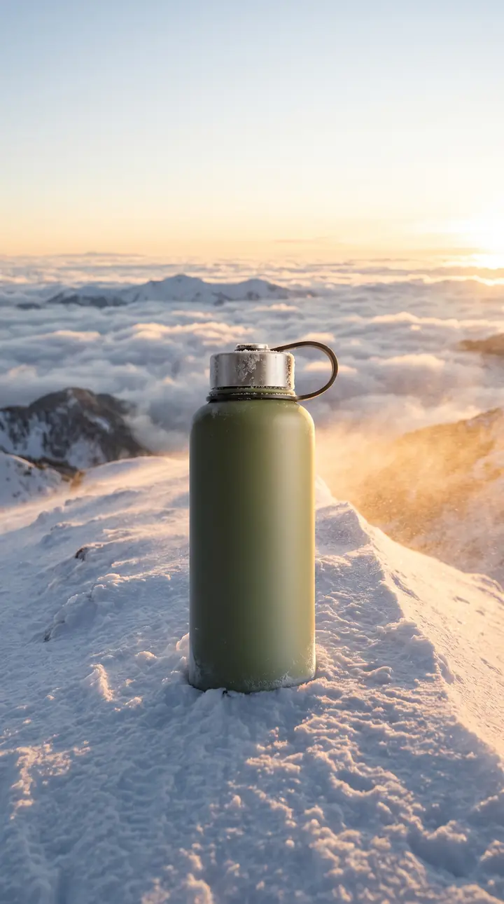 AI-generated still: green bottle on a snowy summit above the clouds at sunrise, vertical format.