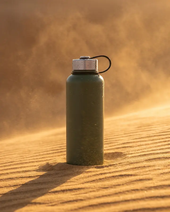AI-generated still: green bottle on a desert dune in blowing sand, 4:5 format.