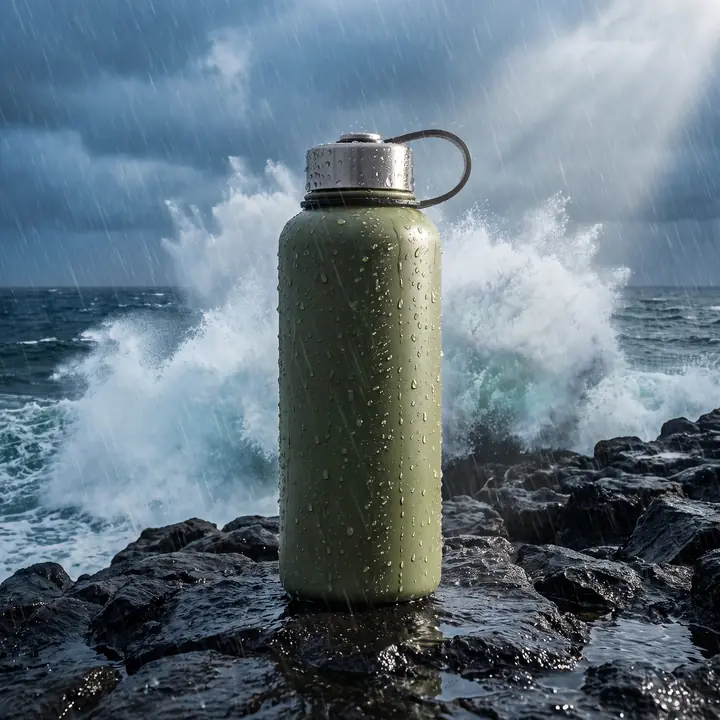AI-generated still: green bottle on a black rock cliff with storm waves crashing behind it, square format.